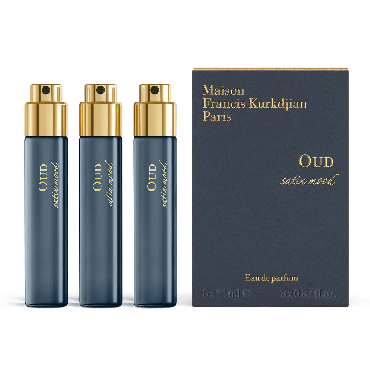 Maison Francis Kurkdjian Paris - Oud Satin Mood - Refill mit drei eleganten Zerstäubern und hochwertiger Geschenkbox in Dunkelblau und Gold