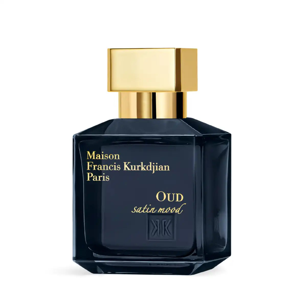 Maison Francis Kurkdjian Paris - Oud Mood - OUD satin mood Parfümflakon in dunklem Glas mit goldenem Verschluss vor weißem Hintergrund