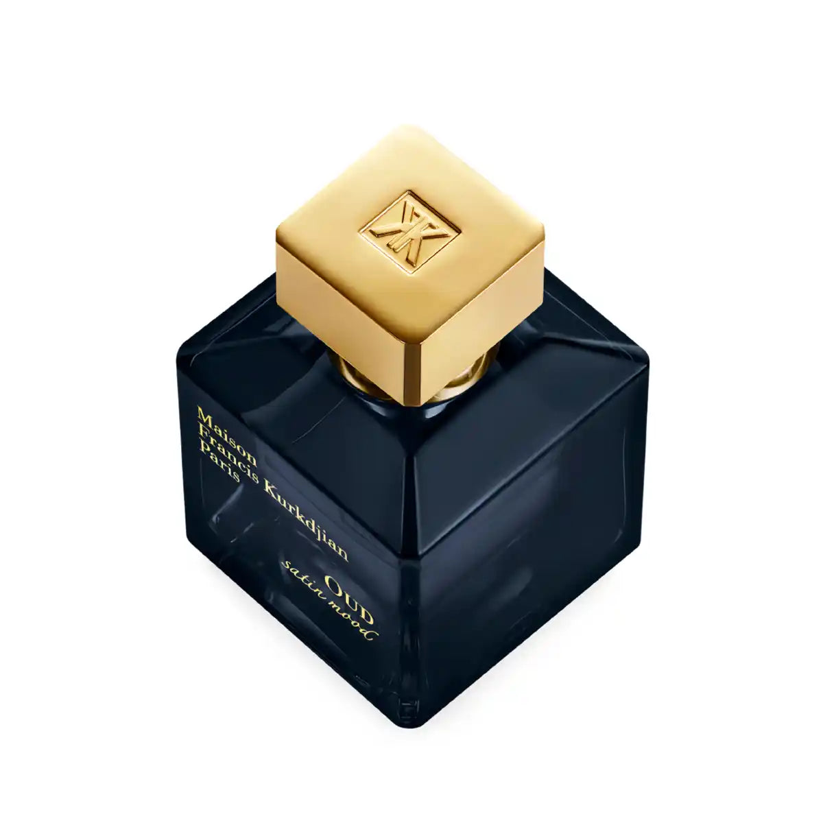 Maison Francis Kurkdjian Paris - Oud Mood - OUD satin mood kubischer dunkler Flakon mit goldenem Verschluss auf weißem Hintergrund