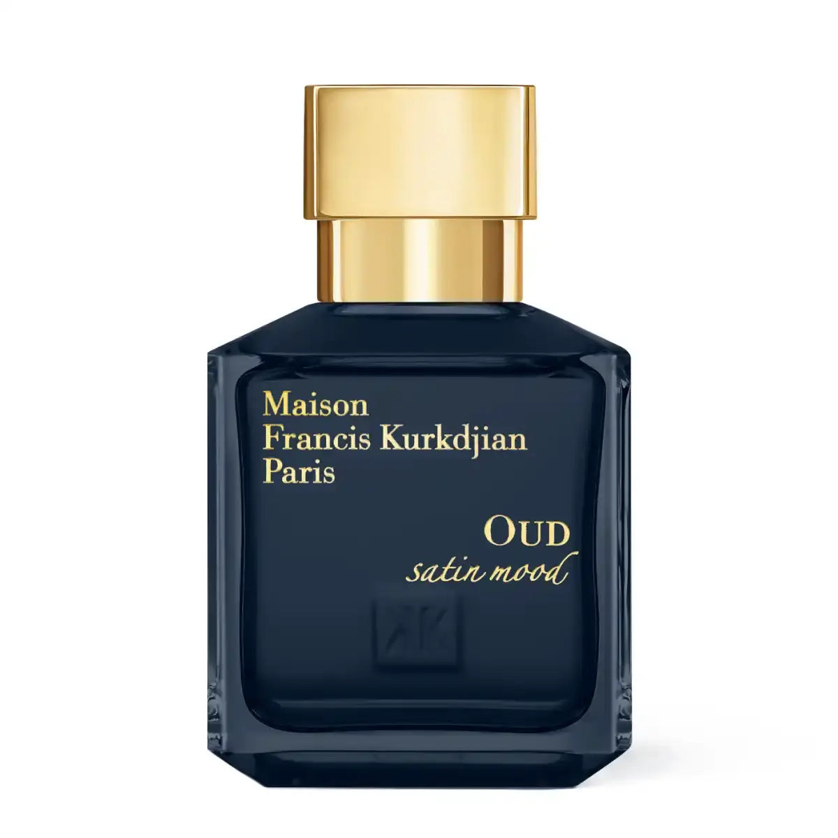 Maison Francis Kurkdjian Paris - Oud Mood - OUD satin mood Parfümflakon in dunklem Blau mit goldenem Verschluss vor weißem Hintergrund