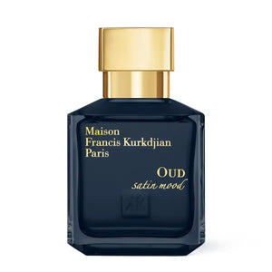 Maison Francis Kurkdjian Paris - Oud Mood - OUD satin mood Parfümflakon in dunklem Blau mit goldenem Verschluss vor weißem Hintergrund