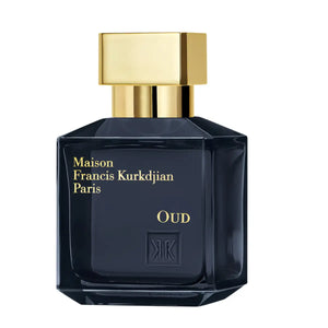 Maison Francis Kurkdjian Paris - Oud eleganter schwarzer Flakon mit goldfarbenem Deckel vor weißem Hintergrund
