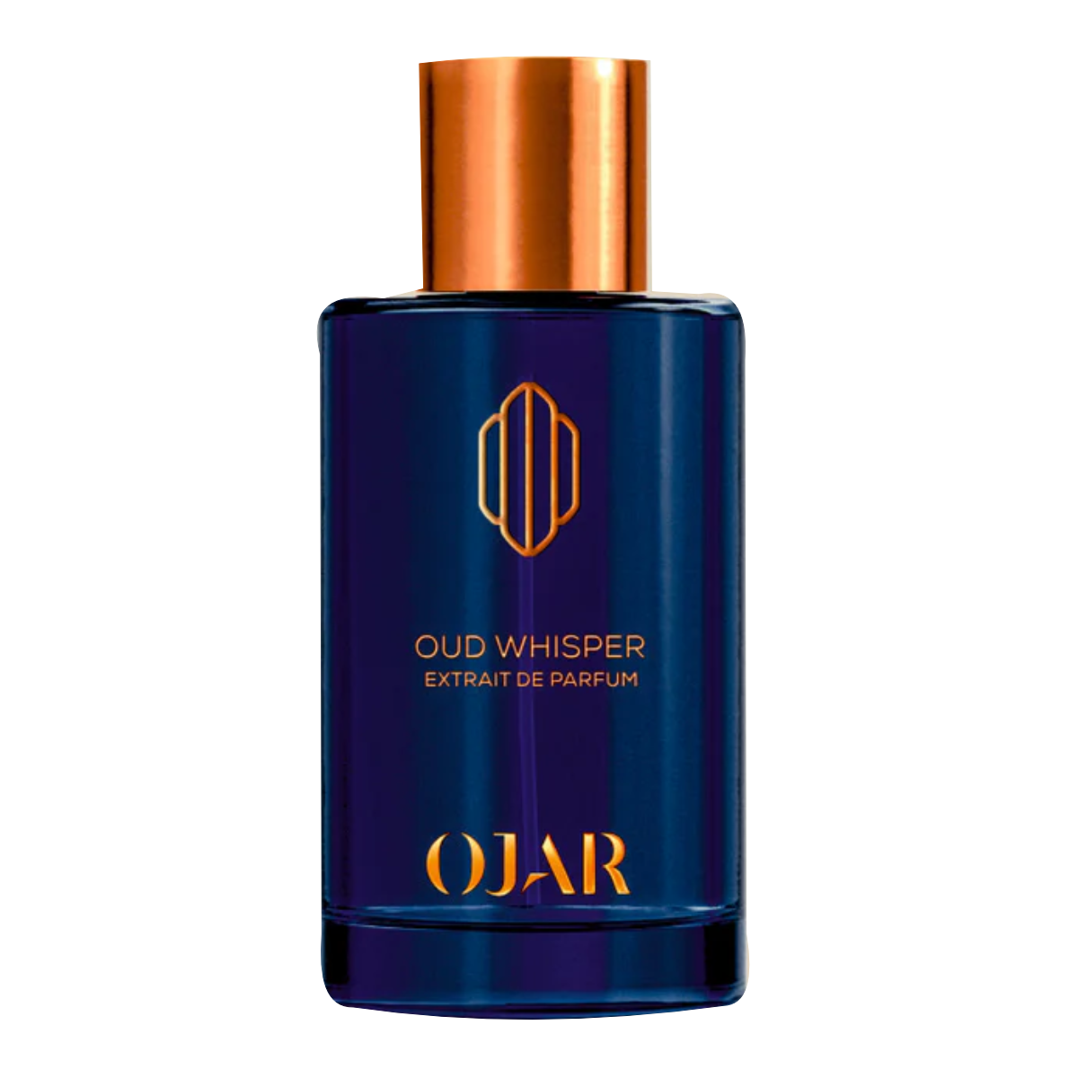 Ojar - Oud Whisper Parfumflakon in tiefem Blau mit kupferfarbenem Verschluss und elegantem Logo auf weißem Hintergrund