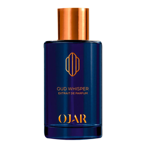 Ojar - Oud Whisper Parfumflakon in tiefem Blau mit kupferfarbenem Verschluss und elegantem Logo auf weißem Hintergrund