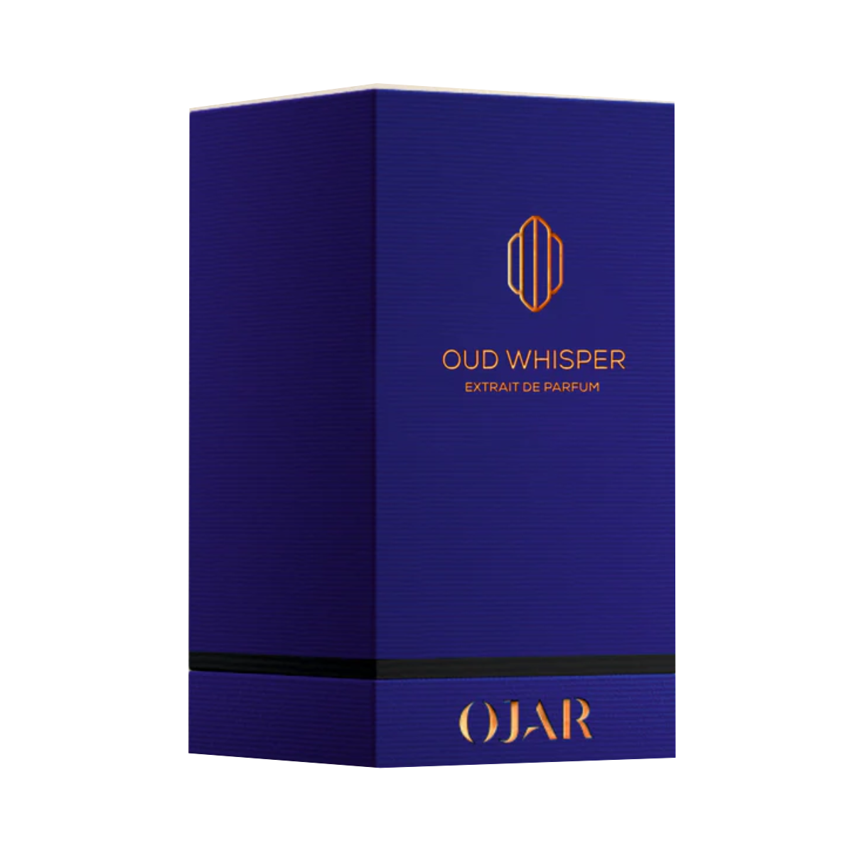 Ojar - Oud Whisper elegante, tiefblaue Verpackung mit kupferfarbenem Schriftzug und schlichtem Design auf weißem Hintergrund