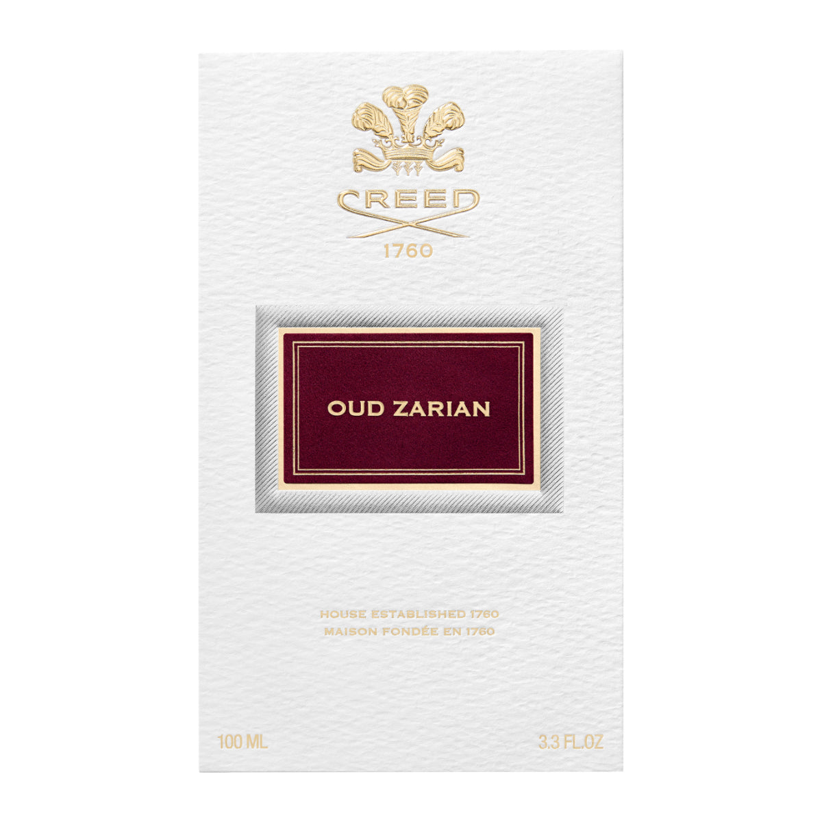 Creed - Oud Zarian elegante weiße Verpackung mit goldener Prägung und dunkelrotem Label in schlichtem Design