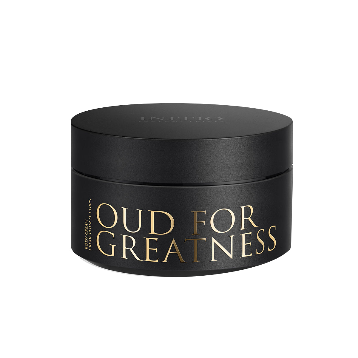 Initio - Oud for Greatness - Body Cream schwarze Cremedose mit goldener Schrift vor weißem Hintergrund