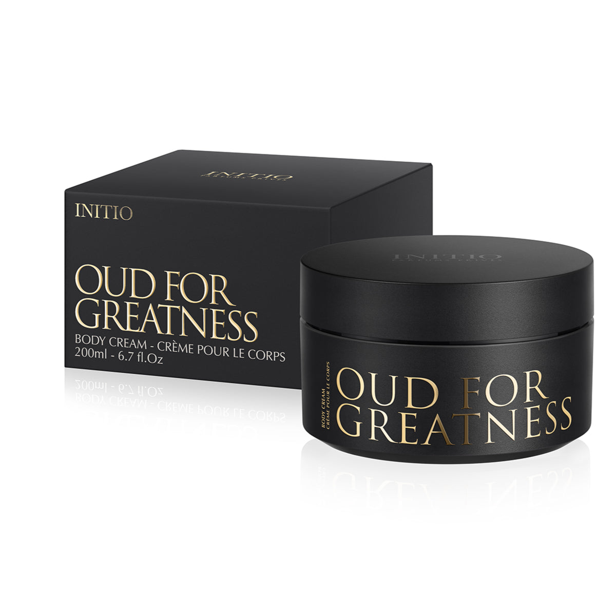 Initio - Oud for Greatness - Body Cream schwarze Dose und Verpackung mit goldener Schrift auf weißem Hintergrund