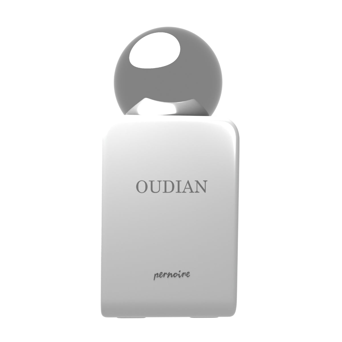 Pernoire - Odus Collection - Oudian Parfumflakon in schlichtem Weiß mit rundem silbernem Verschluss vor weißem Hintergrund