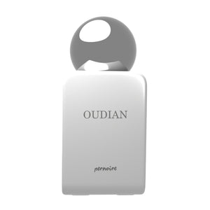 Pernoire - Odus Collection - Oudian Parfumflakon in schlichtem Weiß mit rundem silbernem Verschluss vor weißem Hintergrund
