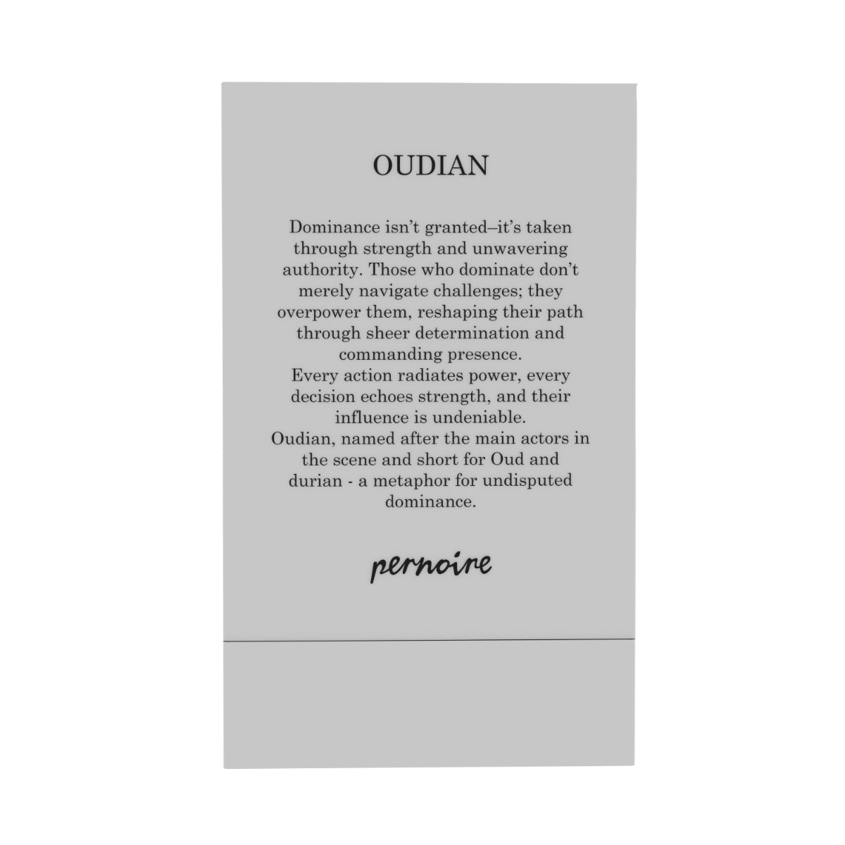 Pernoire - Odus Collection - Oudian Textbeschreibung zur Dominanz und Kraft auf schlichtem grauem Hintergrund