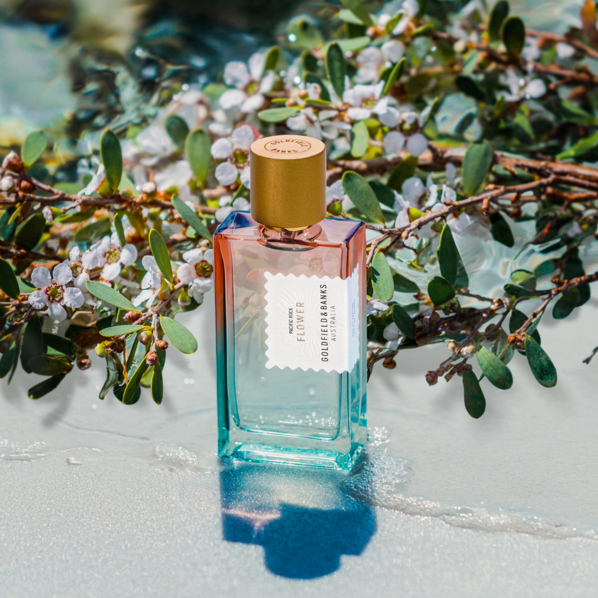 Goldfield & Banks - Pacific Rock Flower Parfumflakon mit sanftem Farbverlauf von Blau zu Rosé vor natürlichem Blütenarrangement