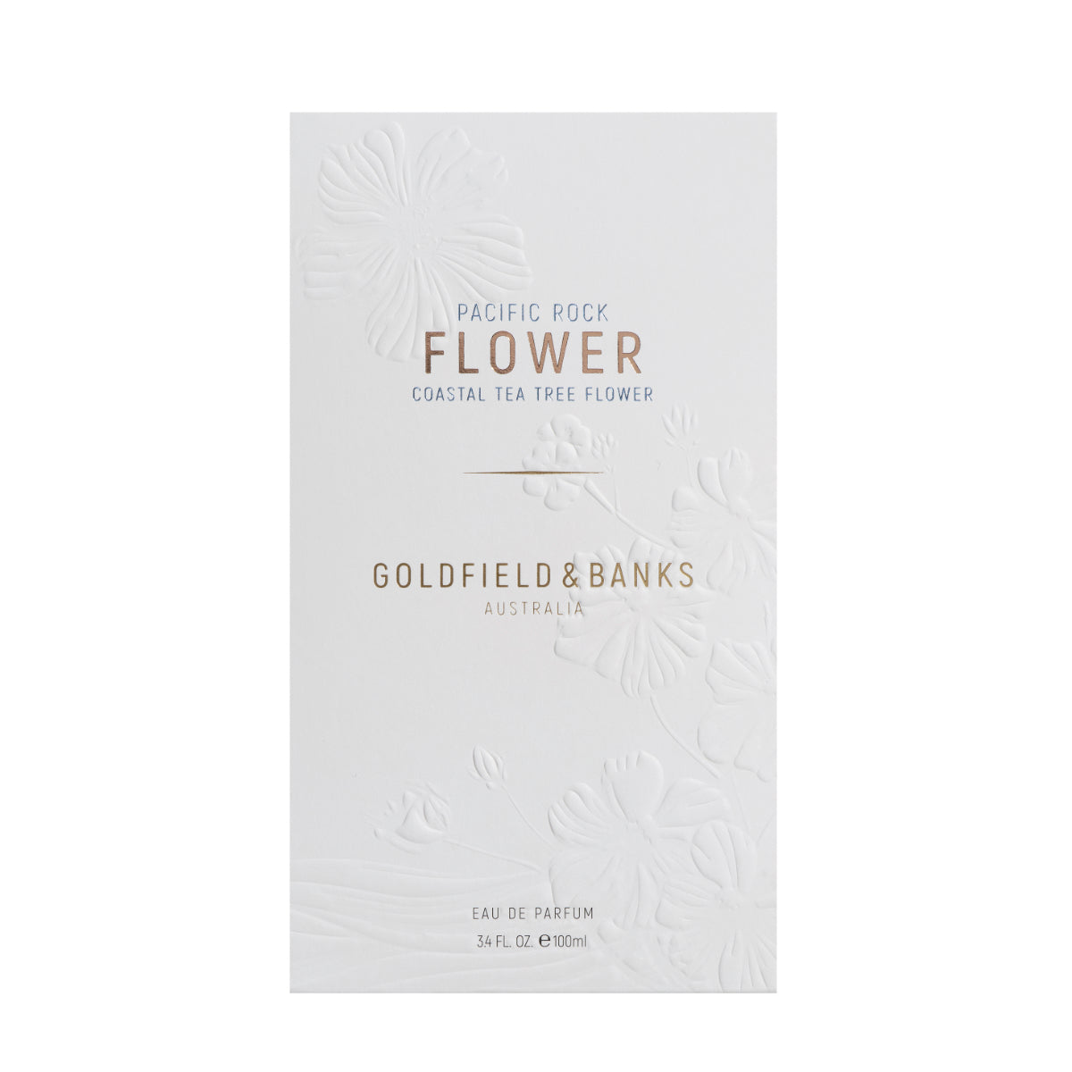Goldfield & Banks - Pacific Rock Flower Verpackung in elegantem Weiß mit geprägt floralem Muster und goldener Schrift vor hellem Hintergrund