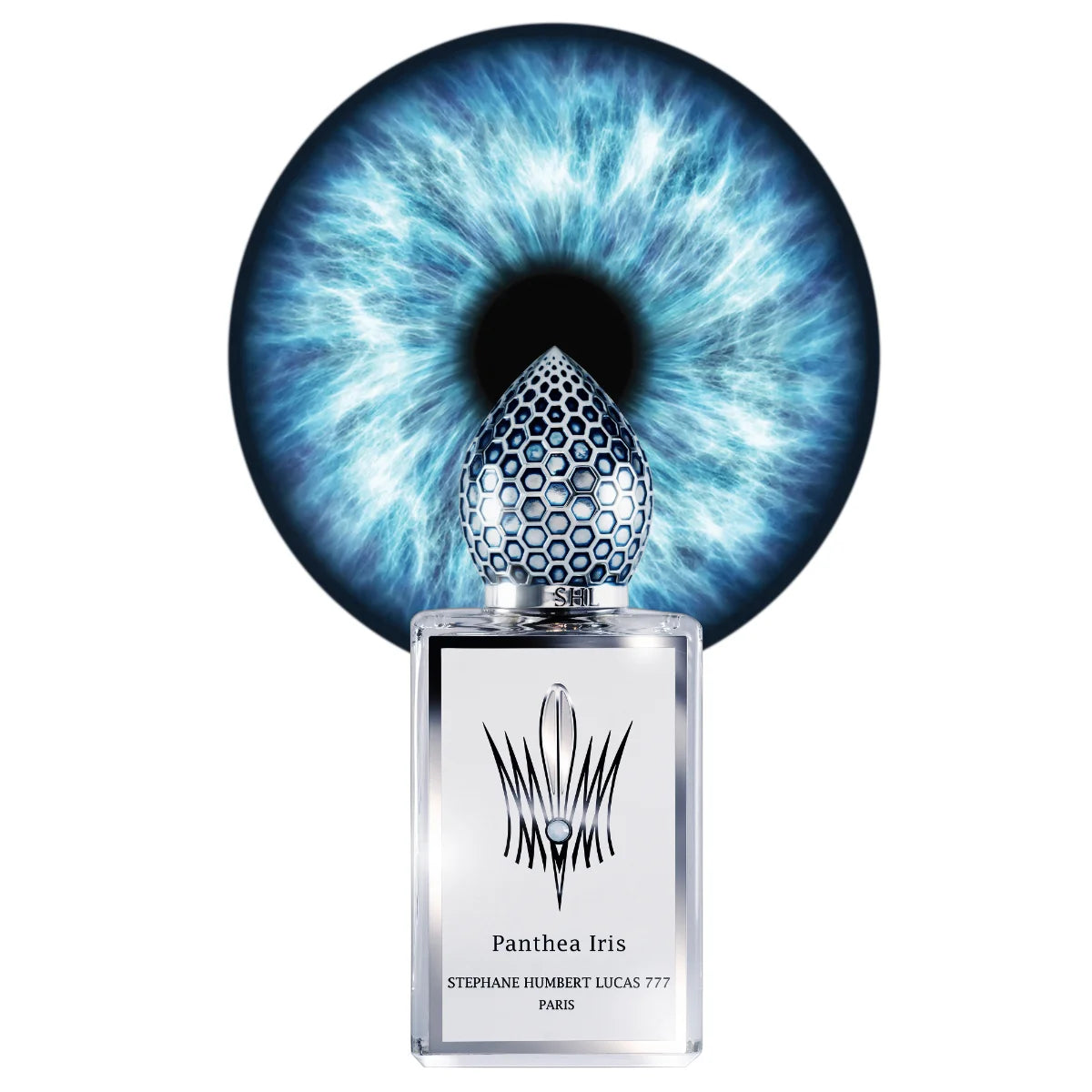 Stéphane Humbert Lucas 777 - Panthea Iris Flakon mit silbernem Design vor blau strahlender Irisstruktur im Hintergrund