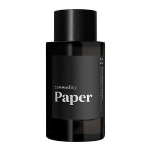 Commodity - Paper Parfumflakon in elegantem schwarzem Design auf weißem Hintergrund inszeniert