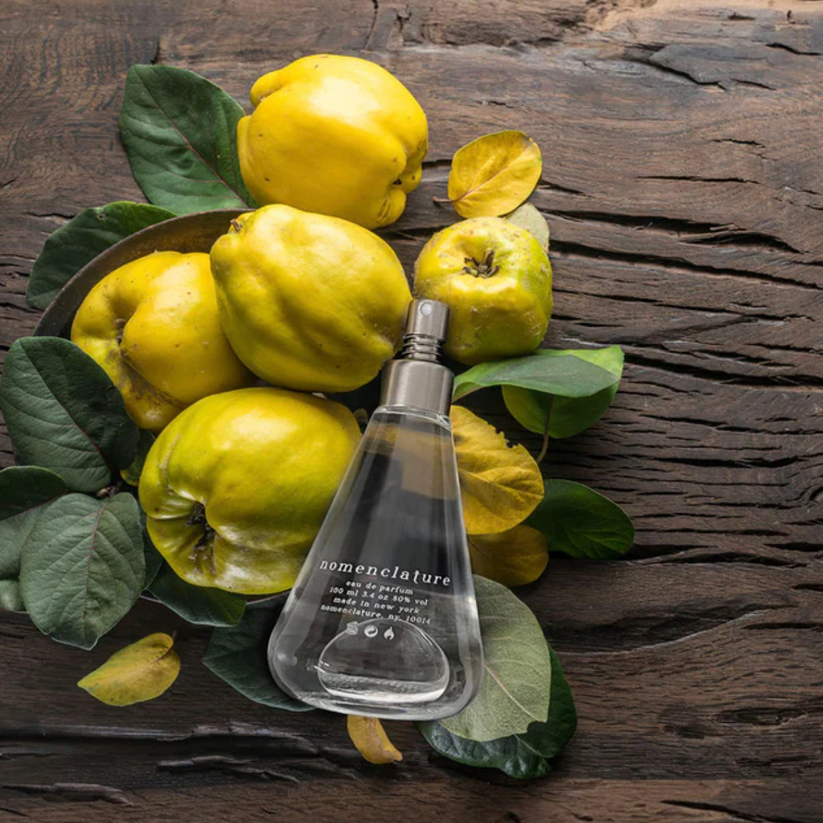 Nomenclature - para_iso Parfumflakon mit klarem Glas auf Holz mit gelben Quitten und grünen Blättern arrangiert