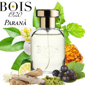 Bois 1920 - Trasparenti - Paranà Parfumflakon mit goldenem Verschluss und natürlichen Duftnoten vor weißem Hintergrund
