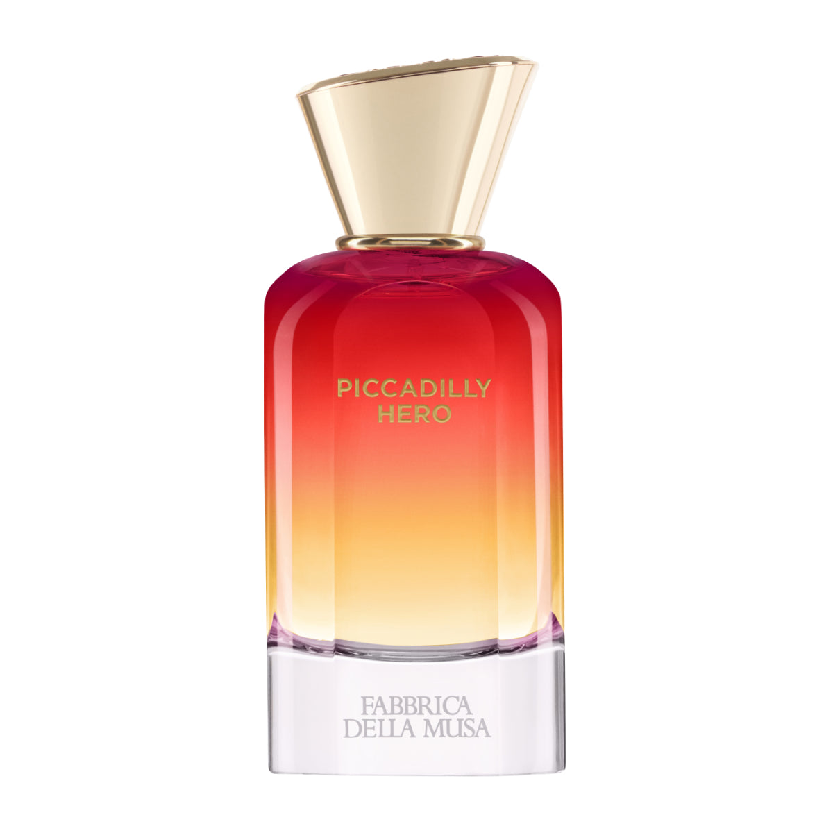 Fabbrica della Musa - Piccadilly Hero Parfumflakon mit Farbverlauf von Rot zu Gelb und goldfarbenem Deckel vor weißem Hintergrund