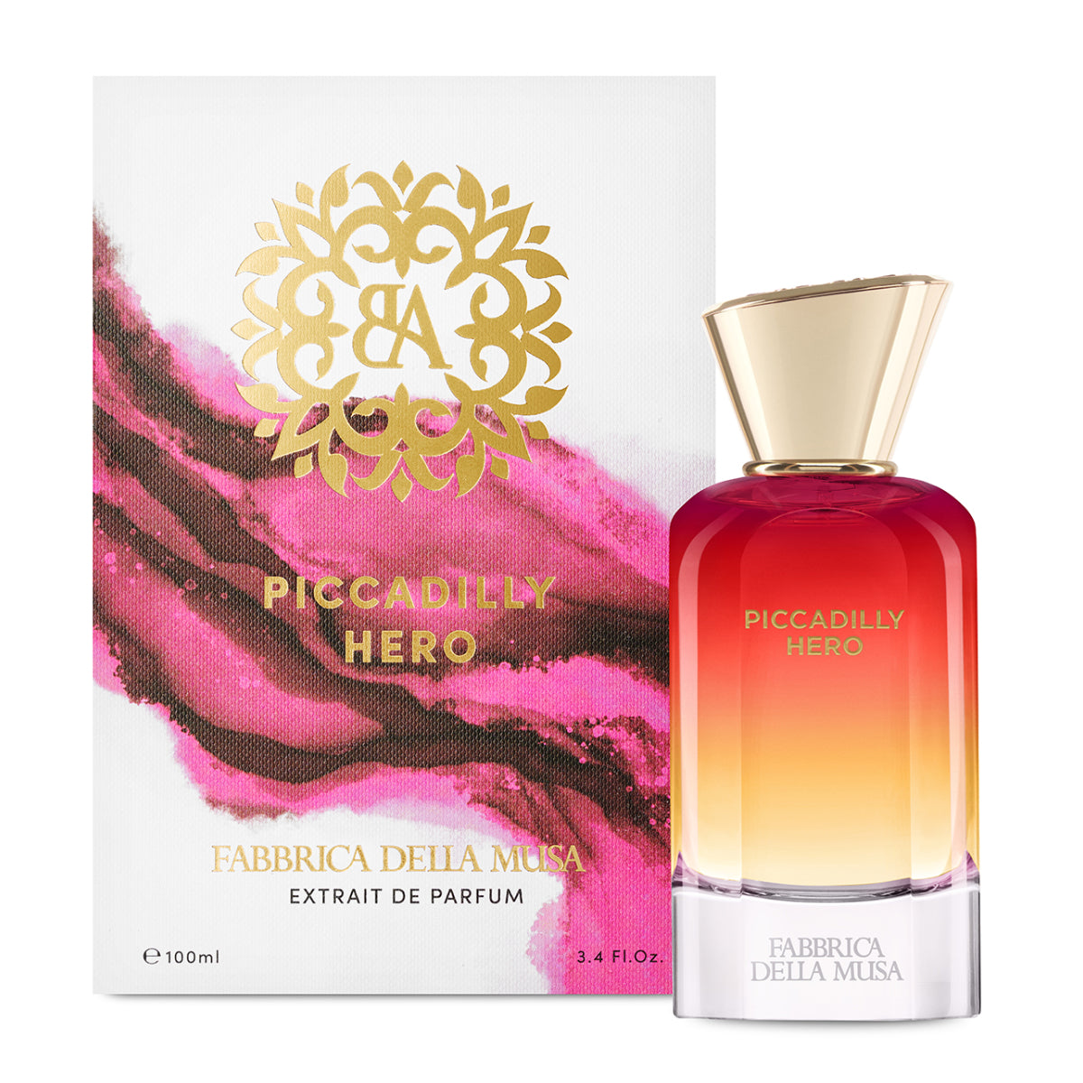 Fabbrica della Musa - Piccadilly Hero Parfumflakon mit Verlauf von Rot zu Gelb und goldfarbenem Verschluss vor dekorativer Verpackung
