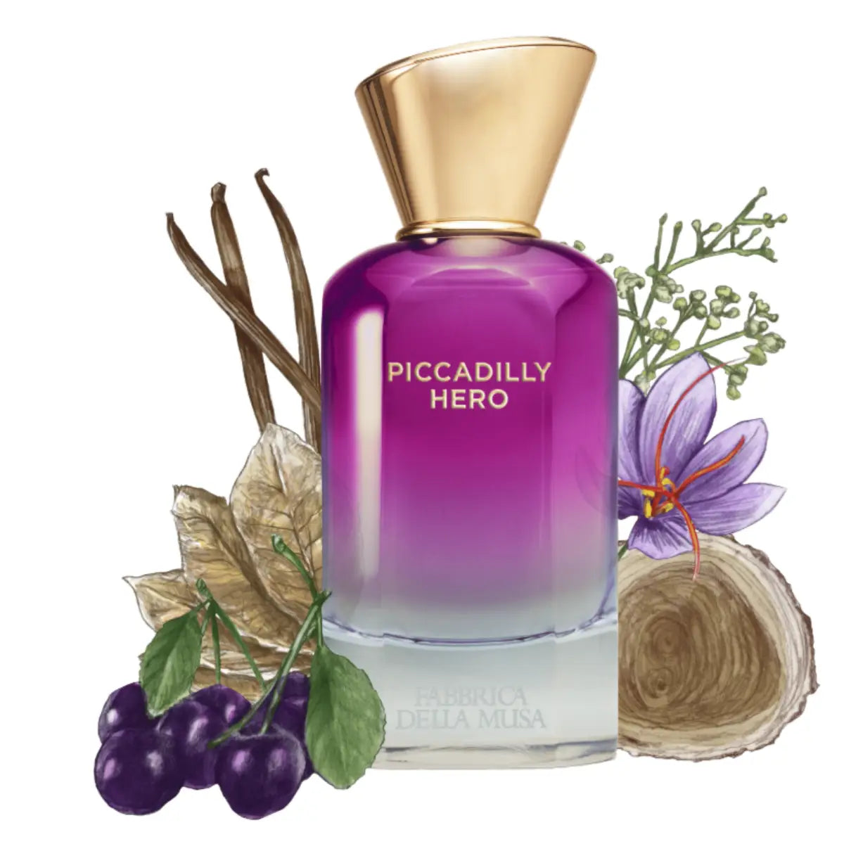 Fabbrica della Musa - Piccadilly Hero Parfumflakon mit verlaufendem Lila und goldenem Deckel vor floralen und holzigen Elementen