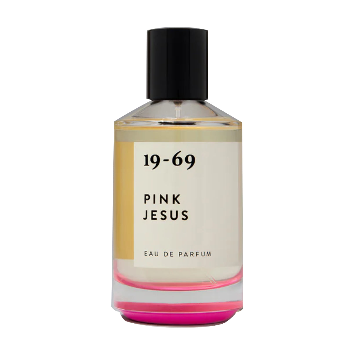 19-69 - Pink Jesus Parfumflakon mit klarer Flüssigkeit und schwarzem Verschluss vor weißem Hintergrund