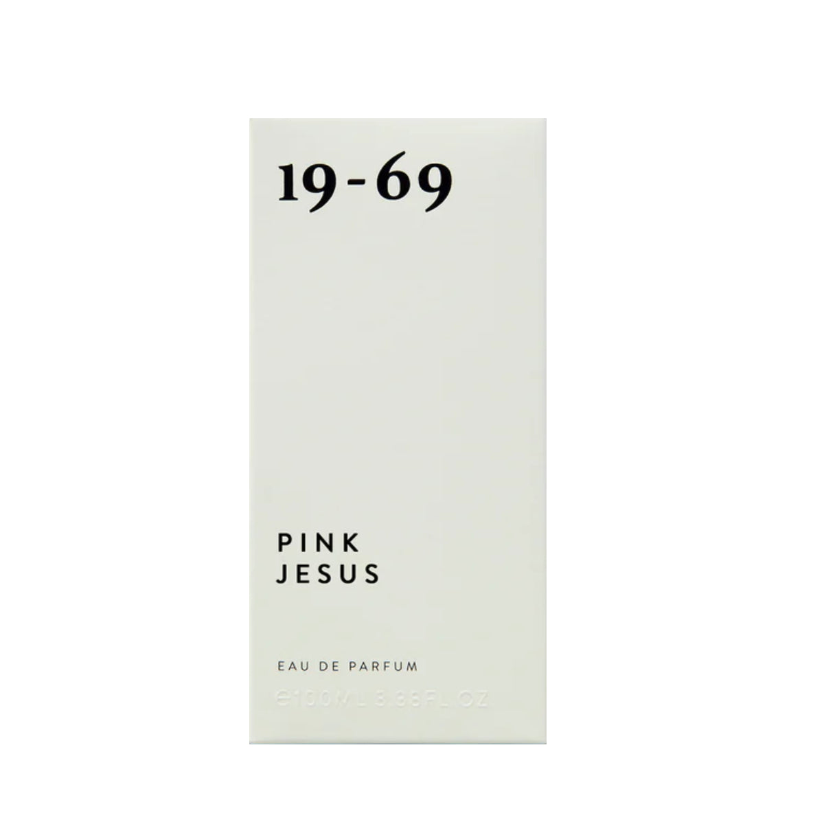 19-69 - Pink Jesus Parfumkarton in schlichtem Weiß mit schwarzer Schrift und minimalistischer Designgestaltung