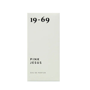 19-69 - Pink Jesus Parfumkarton in schlichtem Weiß mit schwarzer Schrift und minimalistischer Designgestaltung