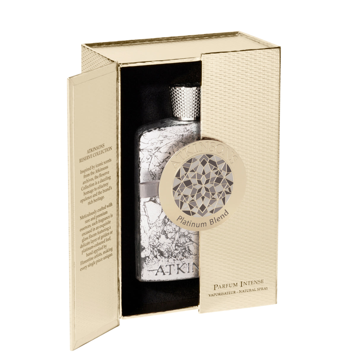 Atkinsons 1799 - Platinum Blend Parfumflakon in edler Champagnerverpackung mit filigranem Muster und Silberkappe