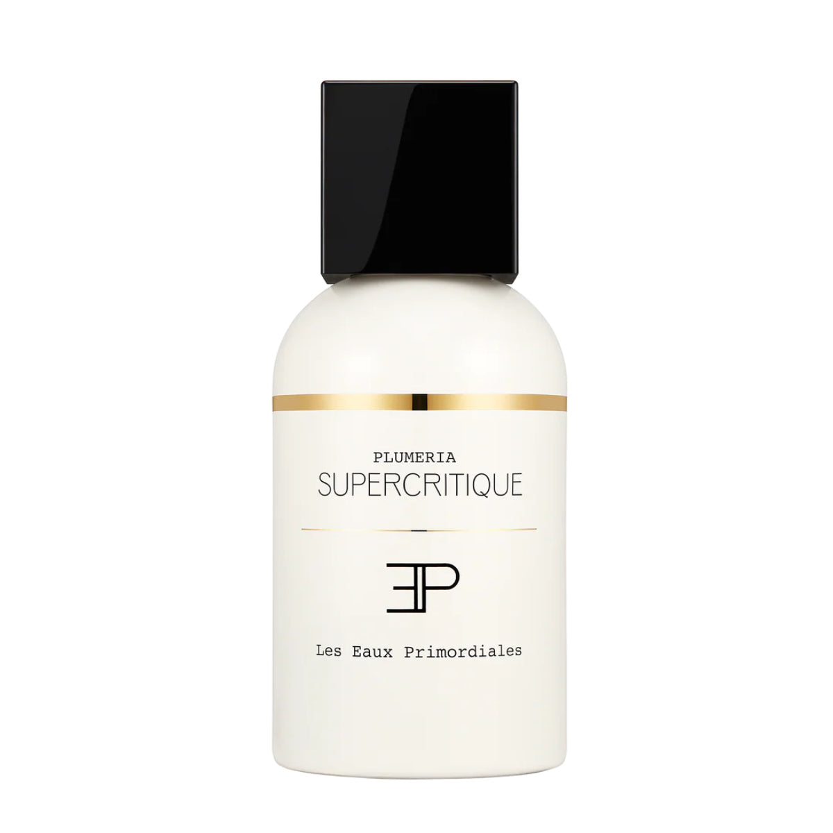 Les Eaux Primordiales - Plumeria Supercritique Flakon in schlichtem Weiß mit goldener Linie und schwarzer Kappe elegant dargestellt
