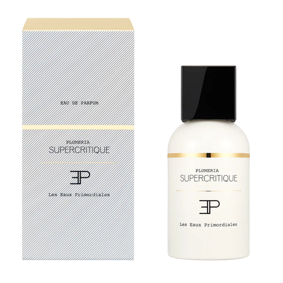 Les Eaux Primordiales - Plumeria Supercritique Parfumflakon in weißem Design mit schwarzer Kappe vor weißem Hintergrund