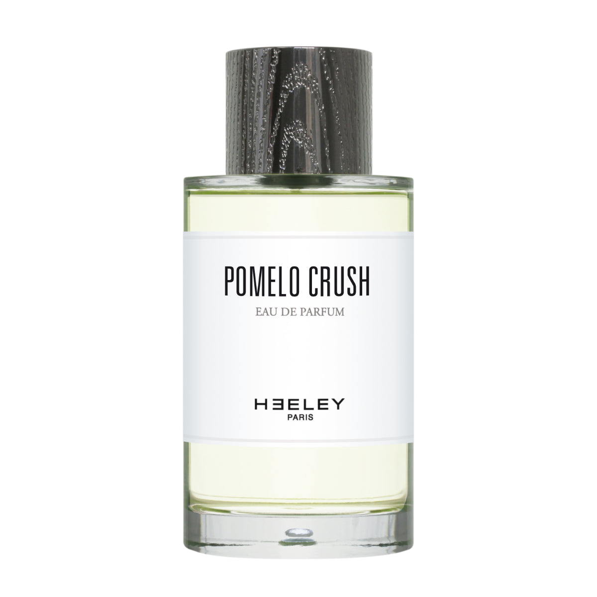 Heeley - Pomelo Crush Parfumflakon mit schlichtem weißen Etikett und schwarzem Holzdeckel auf weißem Hintergrund
