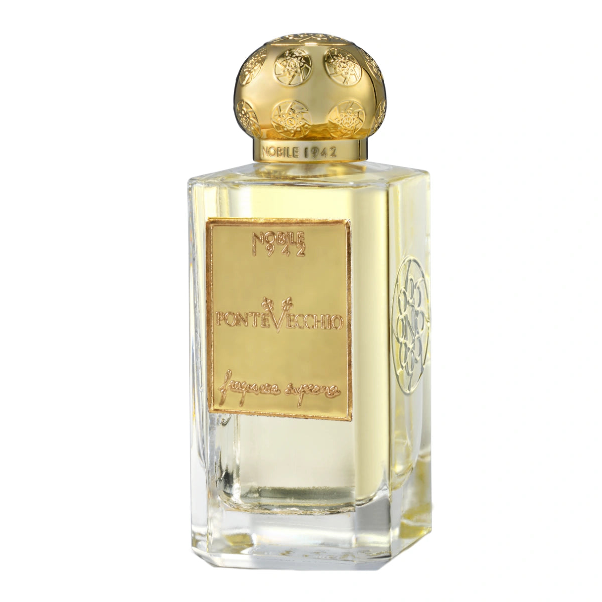 Nobile 1942 - PonteVecchio V - Fragranza Suprema eleganter Parfumflakon mit goldfarbenem Verschluss vor weißem Hintergrund