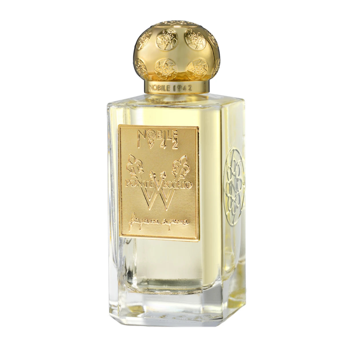 Nobile 1942 - PonteVecchio W - Fragranza Suprema Parfumflakon mit goldfarbenem Emblem und rundem Verschluss vor weißem Hintergrund