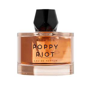 Room 1015 - Poppy Riot Parfumflakon mit transparentem Glas und schwarzem Verschluss vor weißem Hintergrund