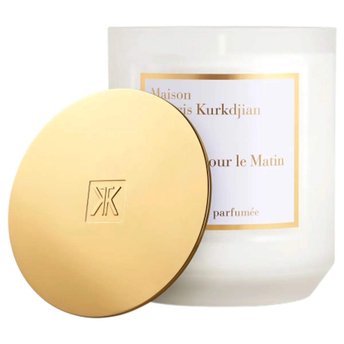 Maison Francis Kurkdjian Paris - Pour le Matin - Duftkerze im weißen Glas mit goldenem Deckel stilvoll präsentiert
