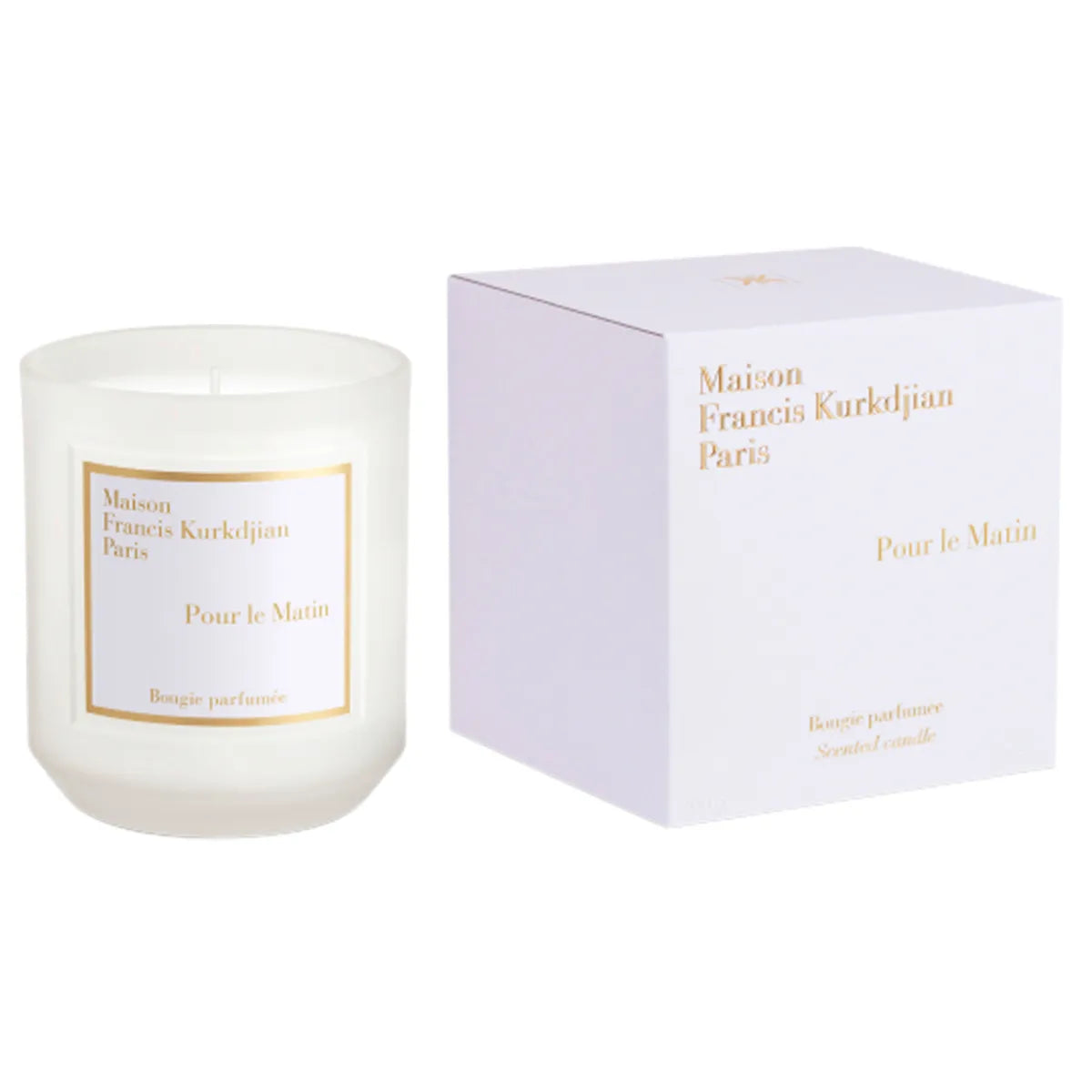 Maison Francis Kurkdjian Paris - Pour le Matin - Duftkerze mit elegantem weißen Glas und passender Box vor weißem Hintergrund