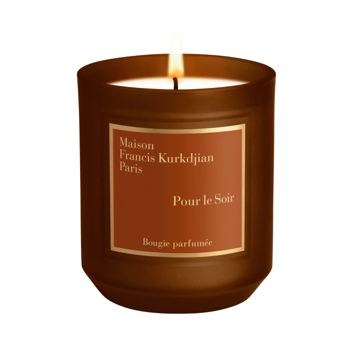 Maison Francis Kurkdjian Paris - Pour le Soir - Duftkerze im bernsteinfarbenen Glas mit flackernder Flamme elegant inszeniert
