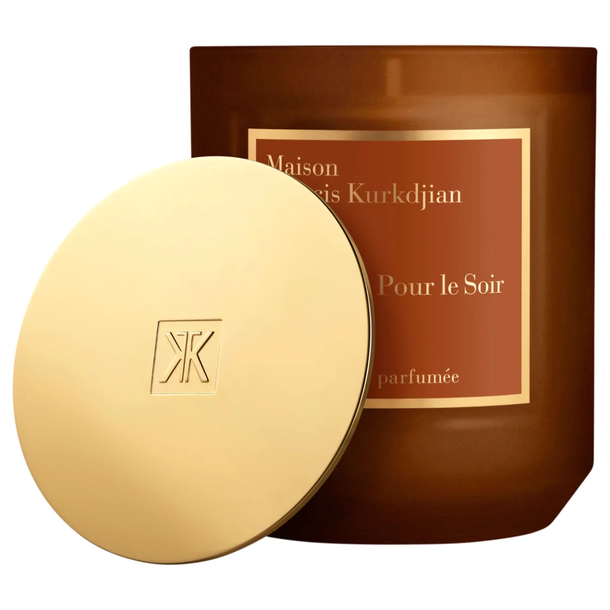 Maison Francis Kurkdjian Paris - Pour le Soir - Duftkerze im bernsteinfarbenen Behälter mit goldfarbenem Deckel edel präsentiert