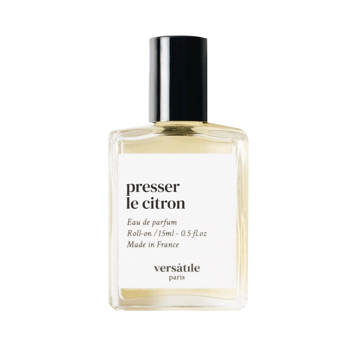 Versatile - Presser le Citron Roll-on Parfumflakon mit schwarzem Verschluss und klarem Etikett vor weißem Hintergrund