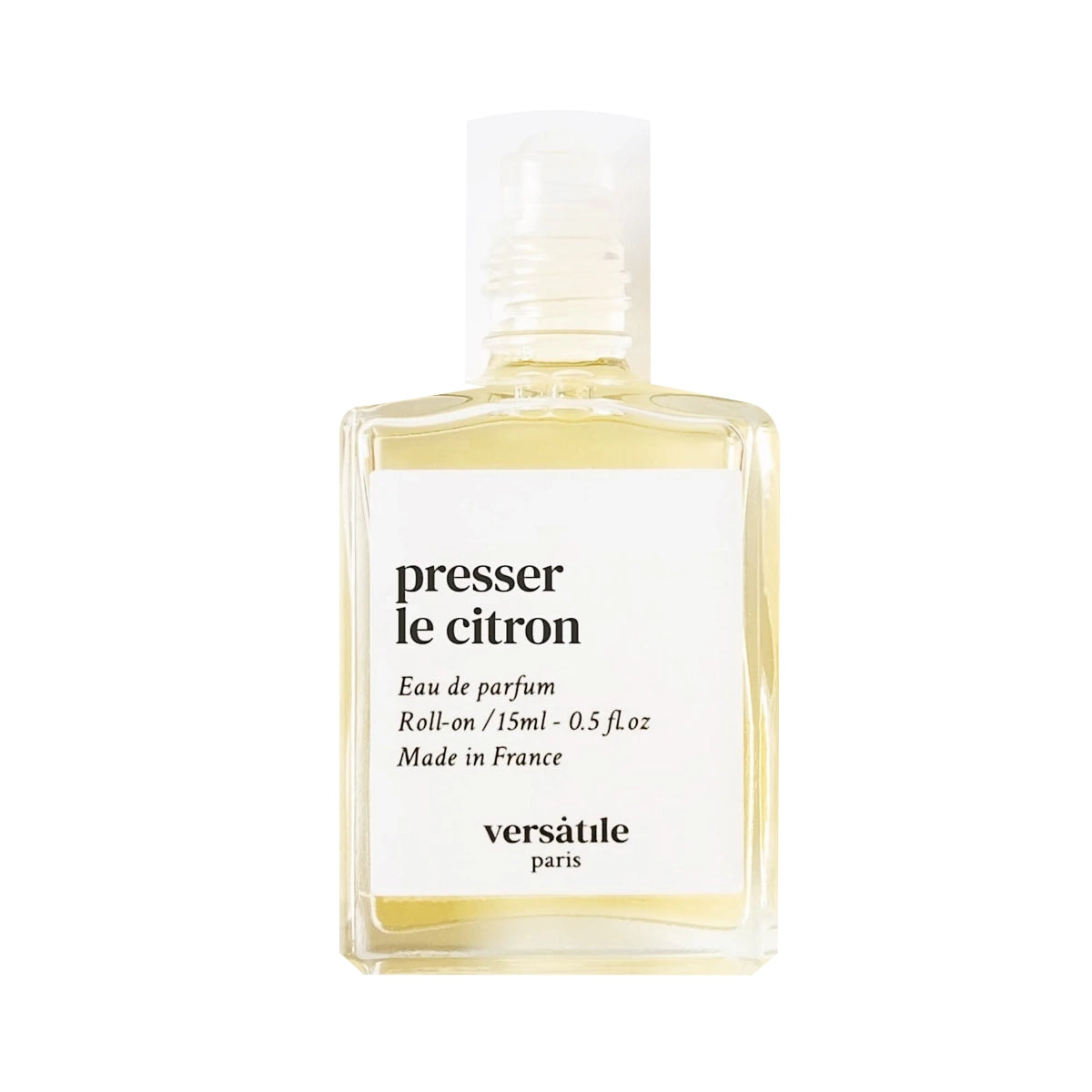Versatile - Presser le Citron Roll-on Flakon mit klarem Design und weißem Etikett vor weißem Hintergrund