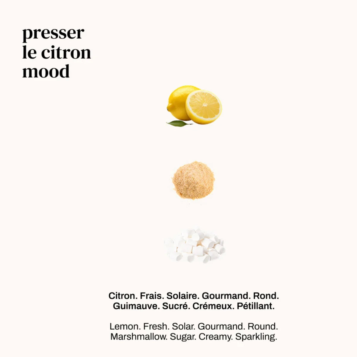 Versatile - Presser le Citron Mood mit Zitrone, Zucker und Marshmallows minimalistisch vor hellem Hintergrund