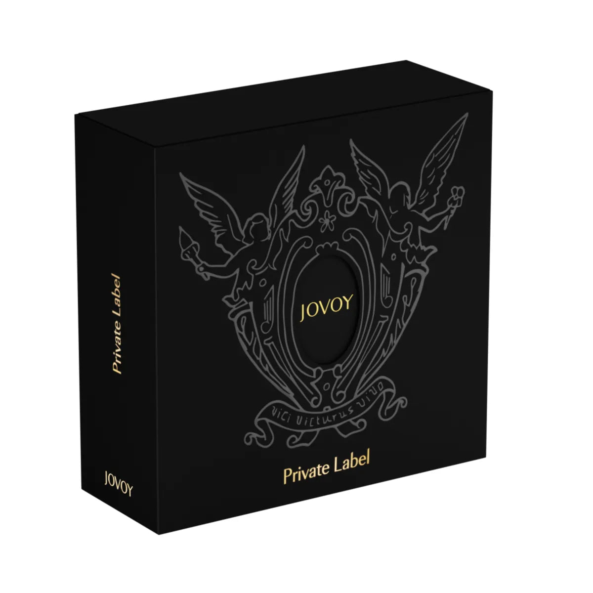 Jovoy - Private Label edle schwarze Verpackung mit filigranem Engelmotiv und goldfarbenem Schriftzug elegant gestaltet