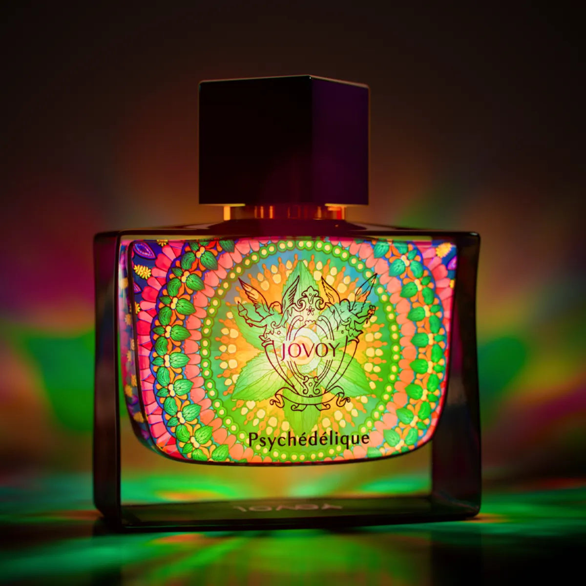 Jovoy - Psychédélique Flakon mit farbenfrohem psychedelischem Muster und schwarzem Verschluss vor dunklem Hintergrund