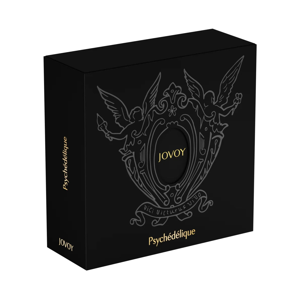 Jovoy - Psychédélique Geschenkverpackung in Schwarz mit filigranem Engelsmotiv und goldenem Markenlogo im Zentrum
