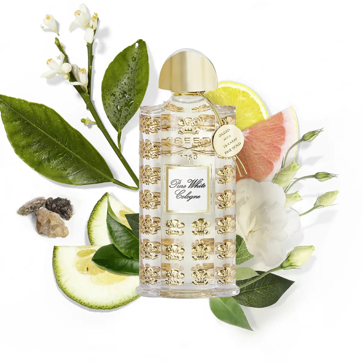 Creed - Les Royales Exclusives - Pure White Cologne Flakon mit goldfarbenem Design und frischen Zitrus- und Blütendekoren