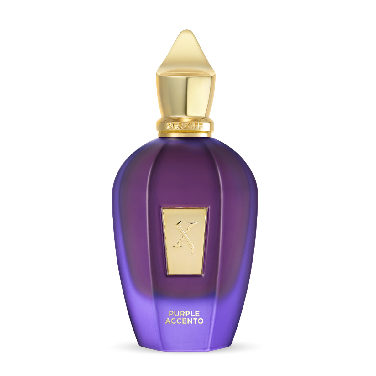 Xerjoff - Vibe - Purple Accento Parfumflakon in elegantem Violett mit goldfarbenem Verschluss auf weißem Hintergrund