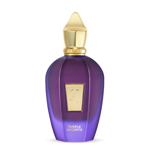 Xerjoff - Vibe - Purple Accento Parfumflakon in elegantem Violett mit goldfarbenem Verschluss auf weißem Hintergrund