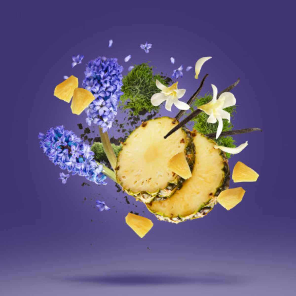Xerjoff - Vibe - Purple Accento mit Ananas und blumigen Noten vor tiefviolettem Hintergrund schwebend