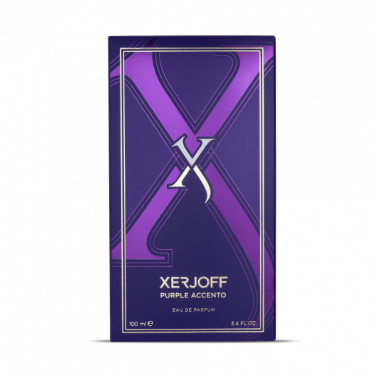 Xerjoff - Vibe - Purple Accento edle Verpackung in Violett mit großem X und goldfarbener Umrahmung vor weißem Hintergrund