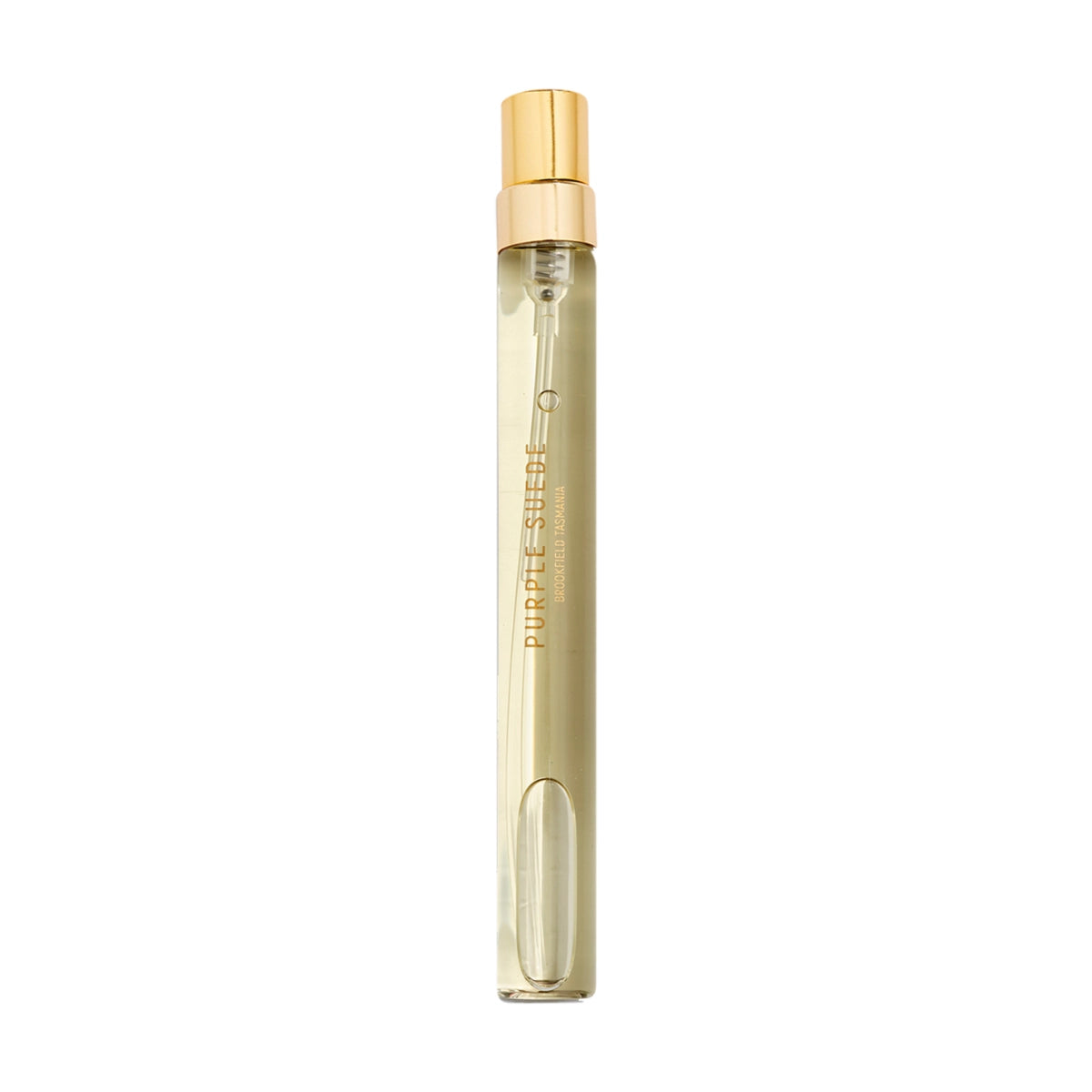 Goldfield & Banks - Native Collection - Purple Suede schlanker Parfumflakon mit goldenem Zerstäuber vor weißem Hintergrund